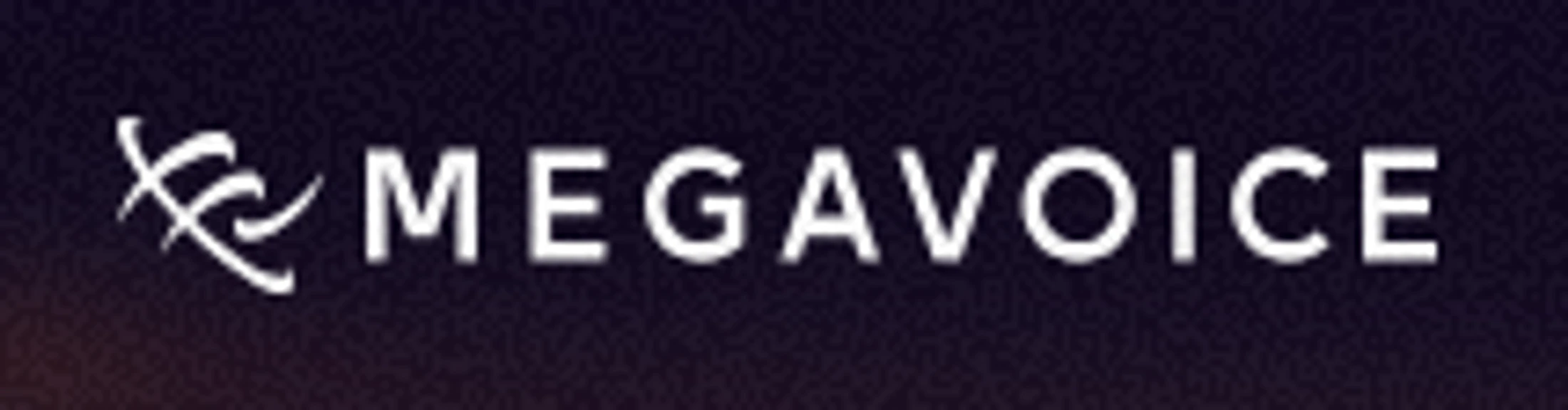 The logo for Megavoice, featuring a stylized symbol and the word "MEGAVOICE" in white capital letters against a dark, textured background.