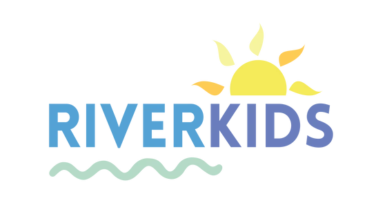 The logo for RiverKids shows the name in blue text, with a smiling yellow sun above the word 'KIDS' and a light green wavy line underneath the full name.