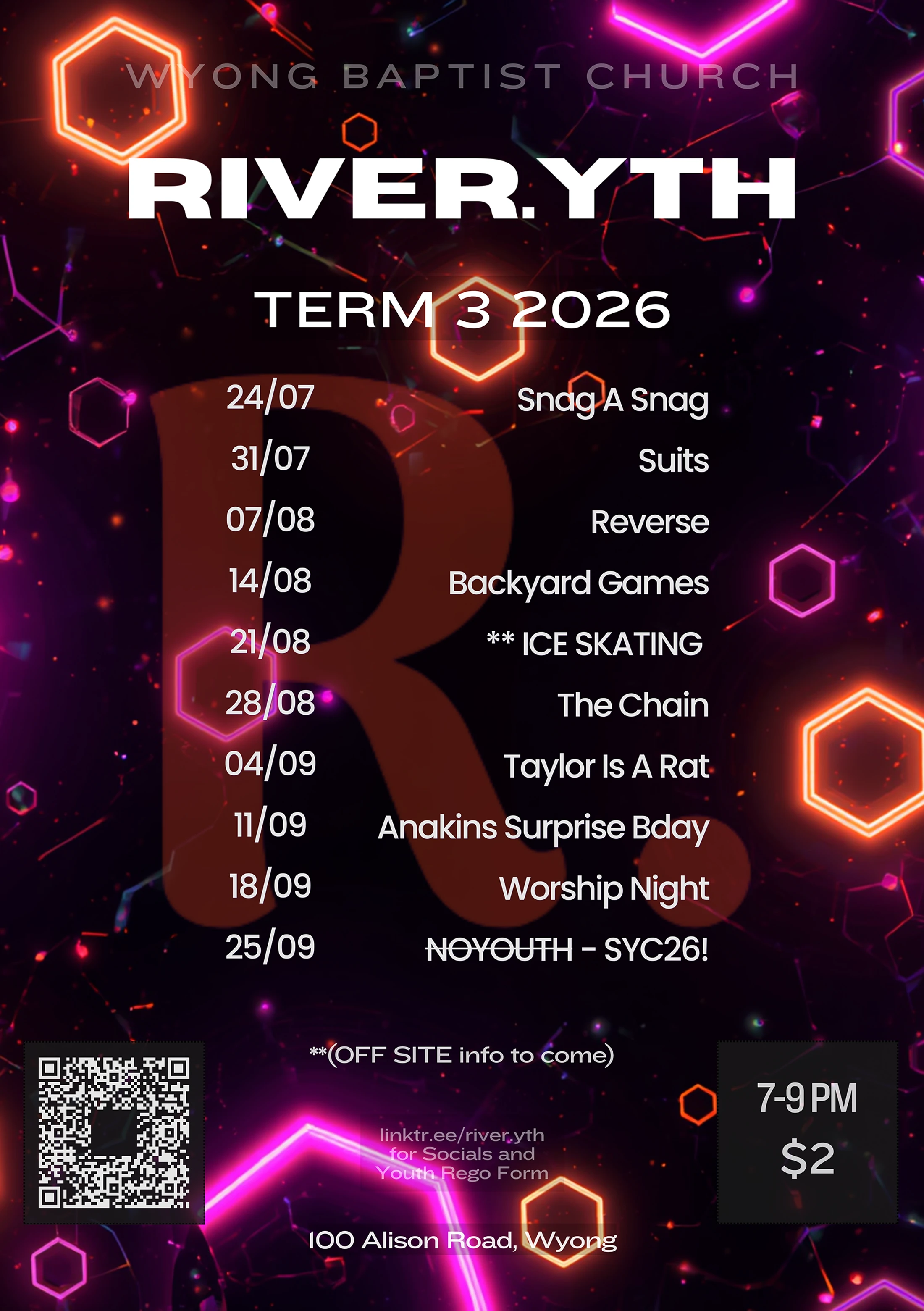 A dark flyer for River.Yth with a schedule for Term 3 2026. The design features glowing neon orange and pink hexagons and lines.