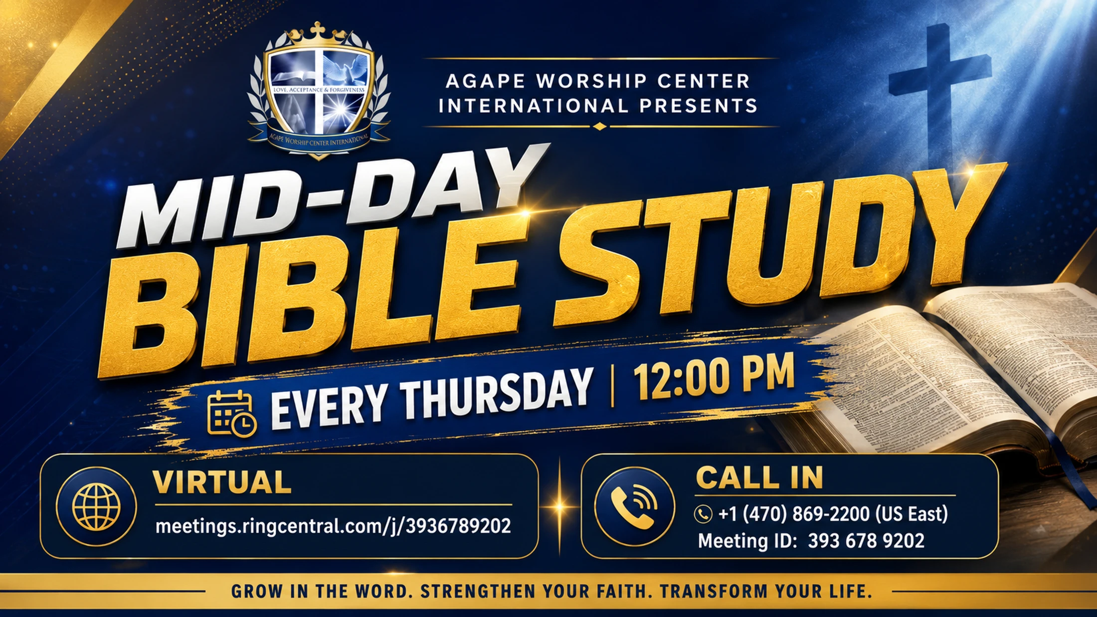 Promotional graphic for a virtual Mid-Day Bible Study every Thursday at noon, with an open Bible, a cross, and connection details.