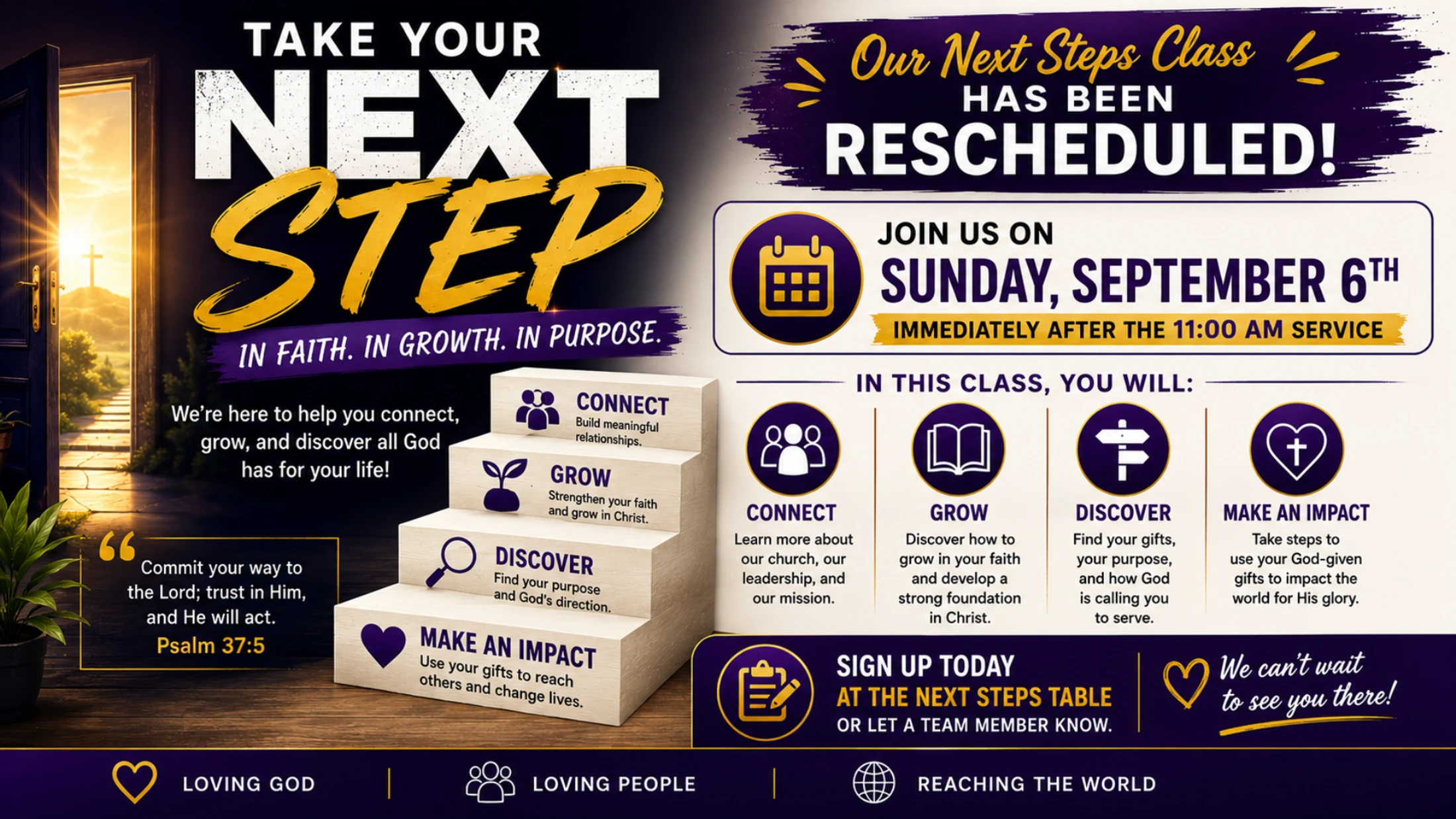 A church flyer for a rescheduled 'Next Steps' class on Sunday, September 6th, showing steps to grow in faith: connect, grow, discover, and make an impact.