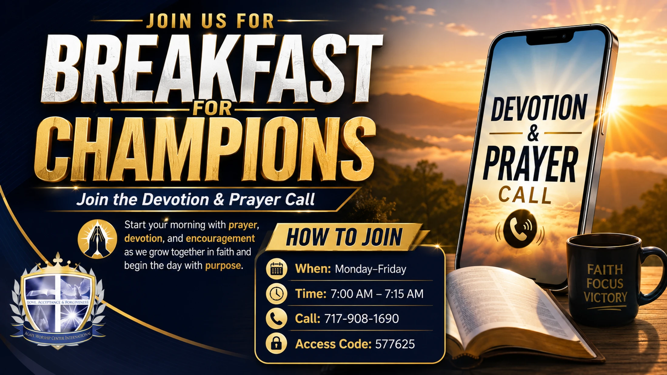 A promotional graphic for a morning prayer call called 'Breakfast for Champions,' with a sunrise, smartphone, Bible, and call-in details.