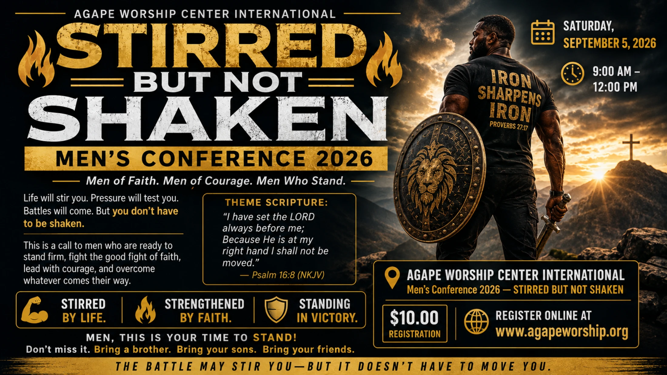 Promotional flyer for a men's conference showing a warrior with a shield looking at a cross on a hill at sunrise, with event details and scripture.