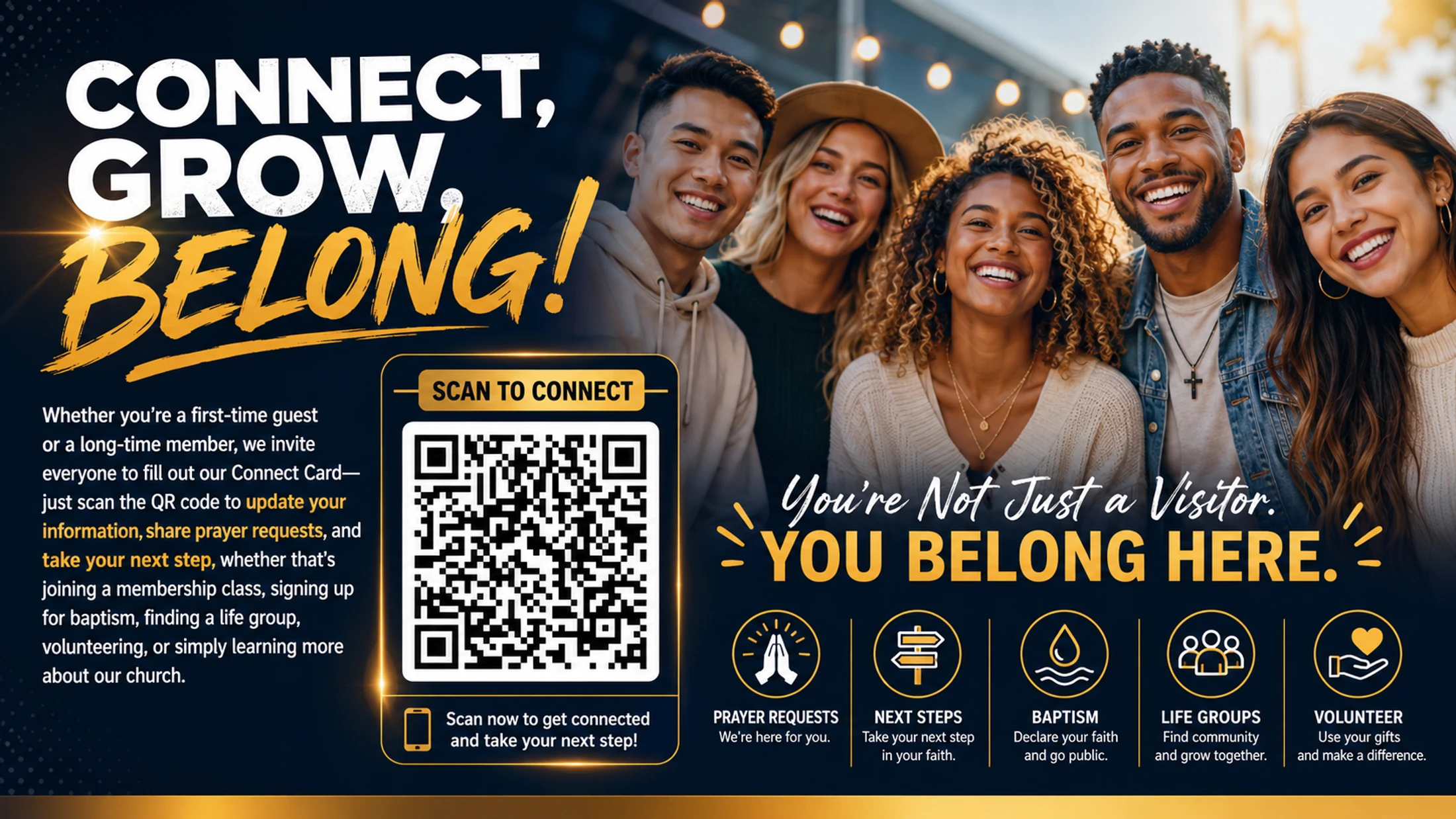 A church banner with a diverse group of smiling young adults. Text reads 'Connect, Grow, Belong!' and invites people to scan a QR code to connect.