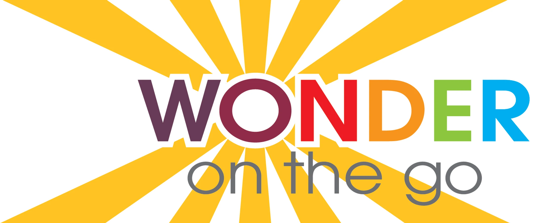 The logo for Wonder on the go. The word WONDER is in colorful capital letters over a yellow sunburst. Below it reads 'on the go' in grey lowercase.