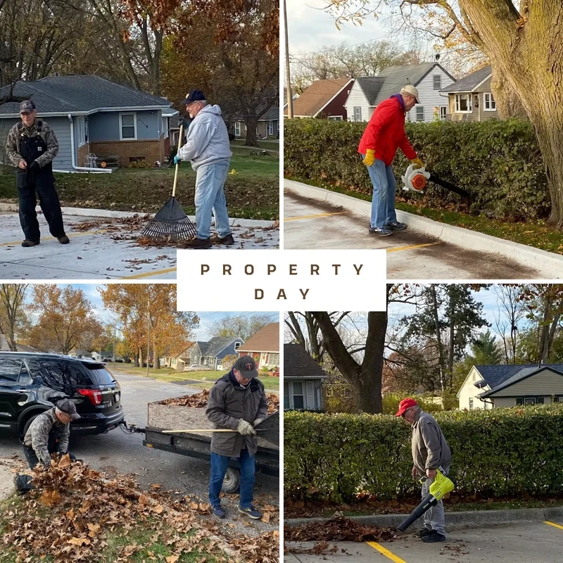 A photo collage showing several volunteers raking and using leaf blowers to clear fallen leaves from a parking lot and lawn during an autumn property day.