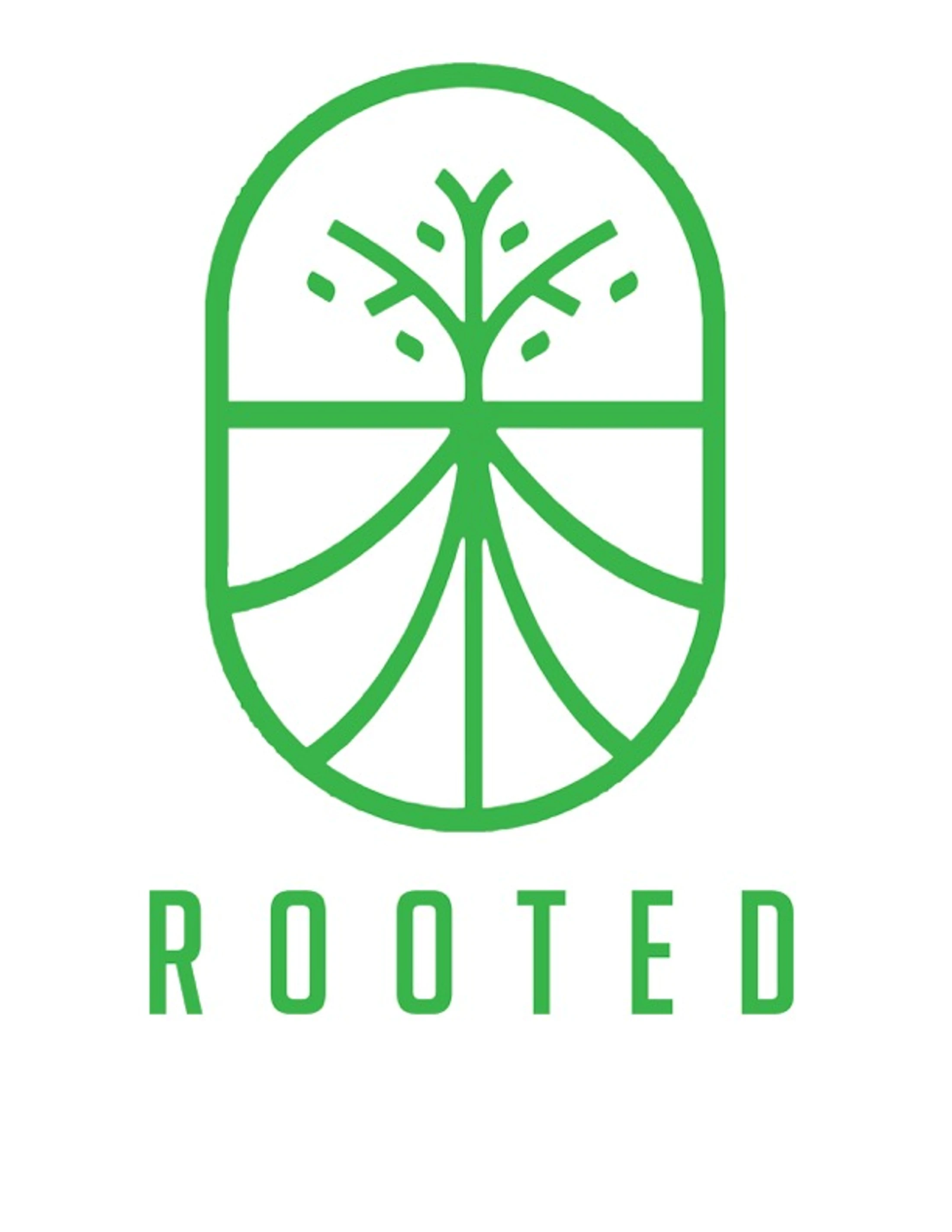 A green line-art logo on a white background. It shows a stylized tree with visible roots inside an oval frame. Below the graphic is the word 'ROOTED' in green.