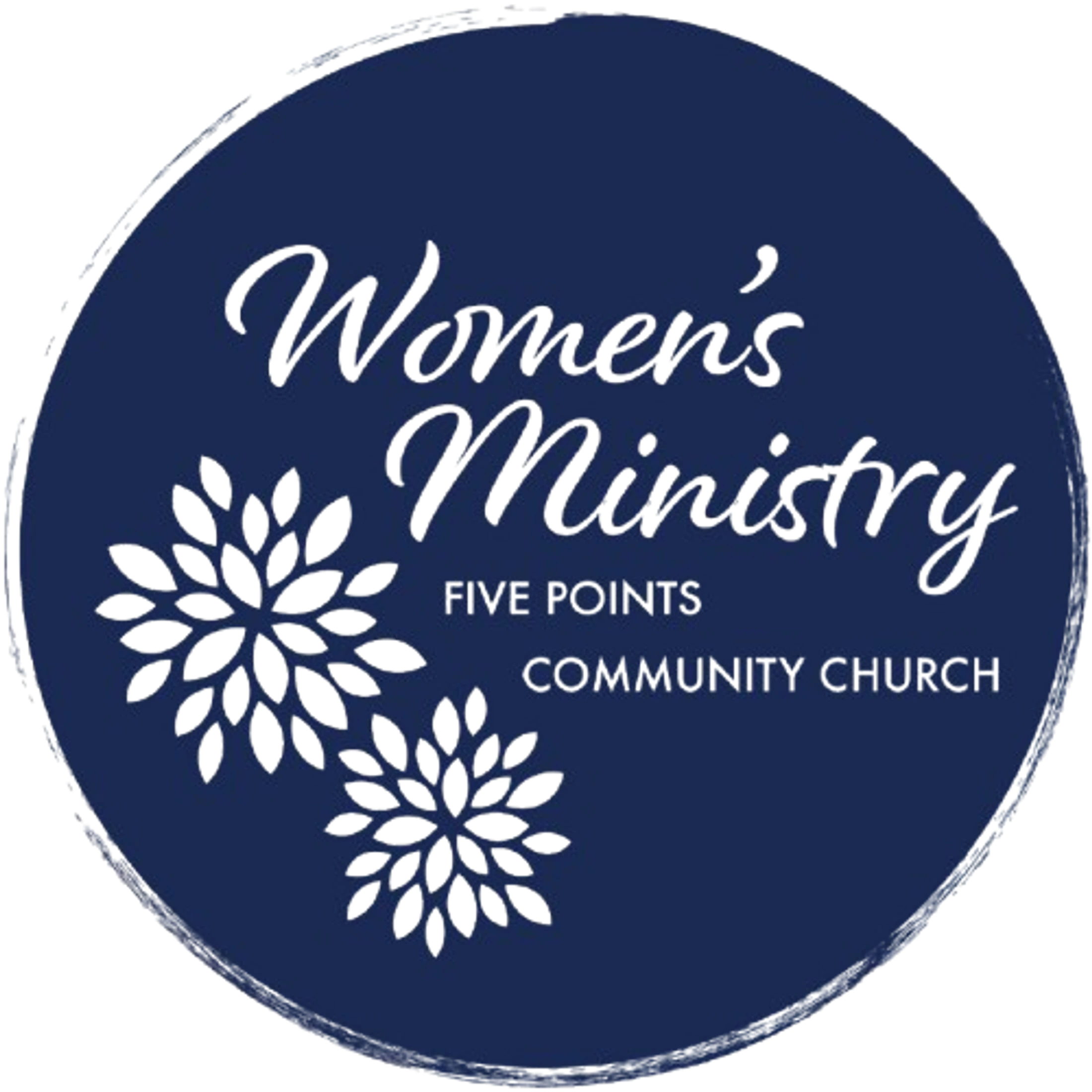 A dark blue circular logo with a brush stroke border. It features white text reading 'Women's Ministry, Five Points Community Church' and two stylized flowers.