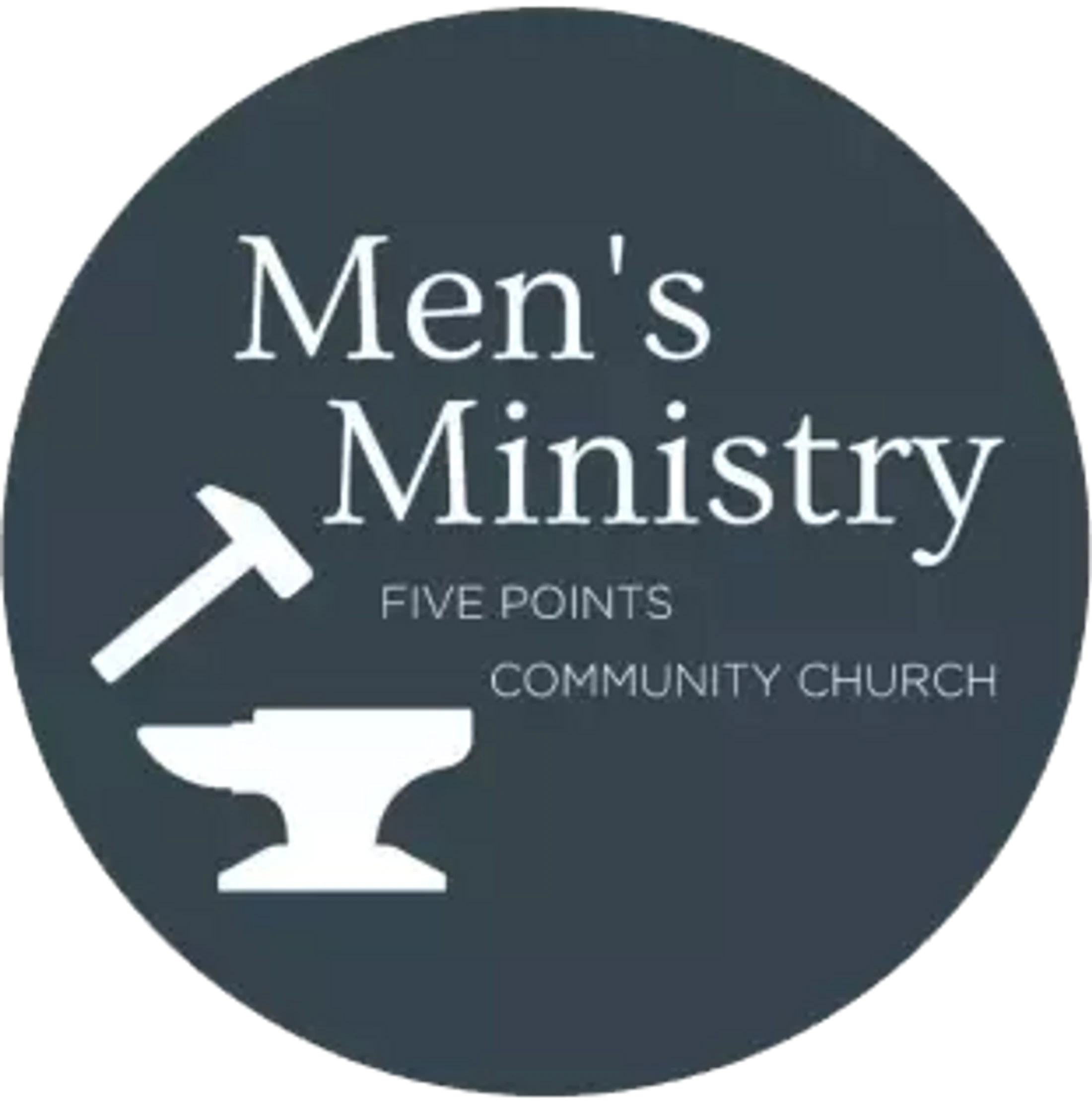 A circular logo in dark gray for the Men's Ministry at Five Points Community Church, featuring white text and an icon of a hammer and anvil.