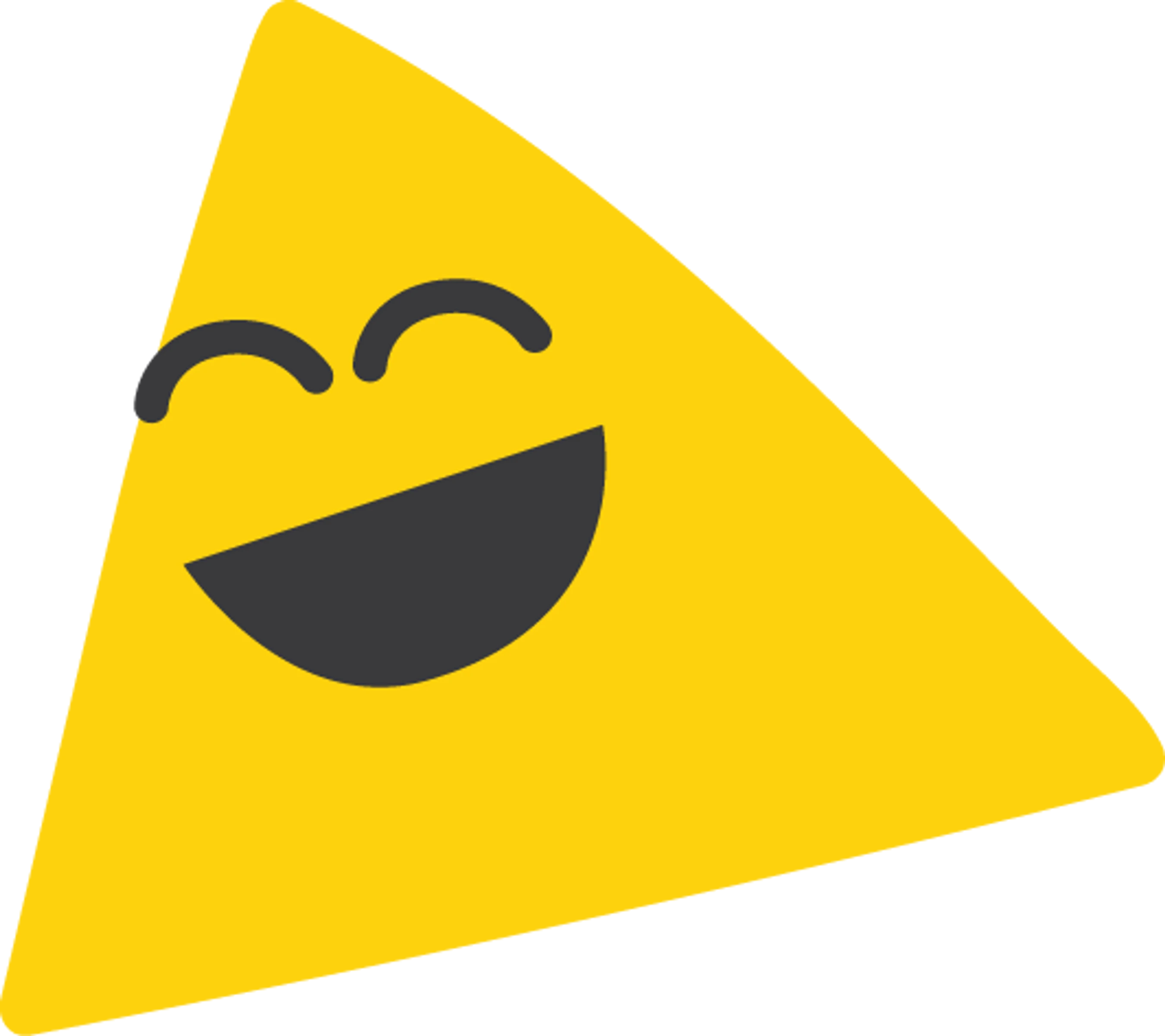 A simple illustration of a yellow, rounded triangle with a joyful, laughing face. It has closed, curved eyes and a big, open smile.