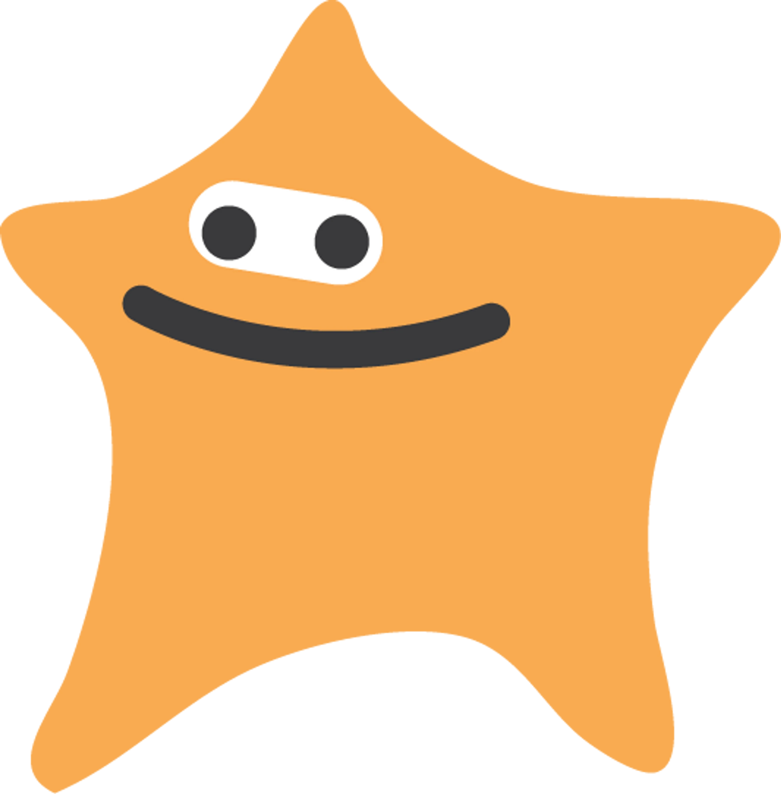 A simple cartoon illustration of a five-pointed orange star. It has a friendly smiling face with two black eyes on a white background and a wide black smile.