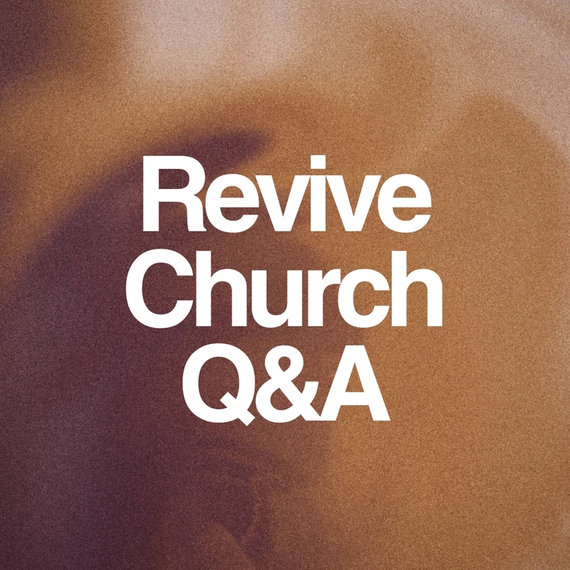 The words 'Revive Church Q&A' in a bold white font centered on a textured, abstract background with shades of brown, tan, and dark purple.