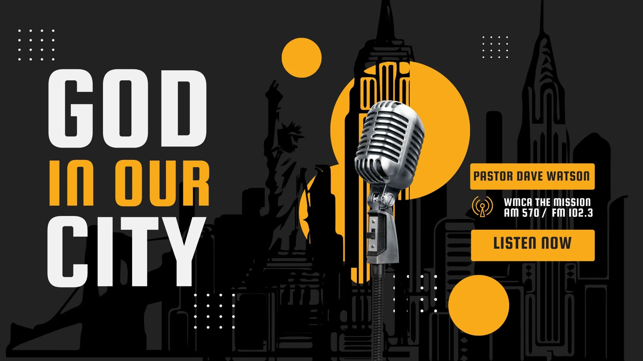 A promo image for a radio show called "God in Our City" with a vintage microphone in front of a black and yellow silhouette of the New York City skyline.