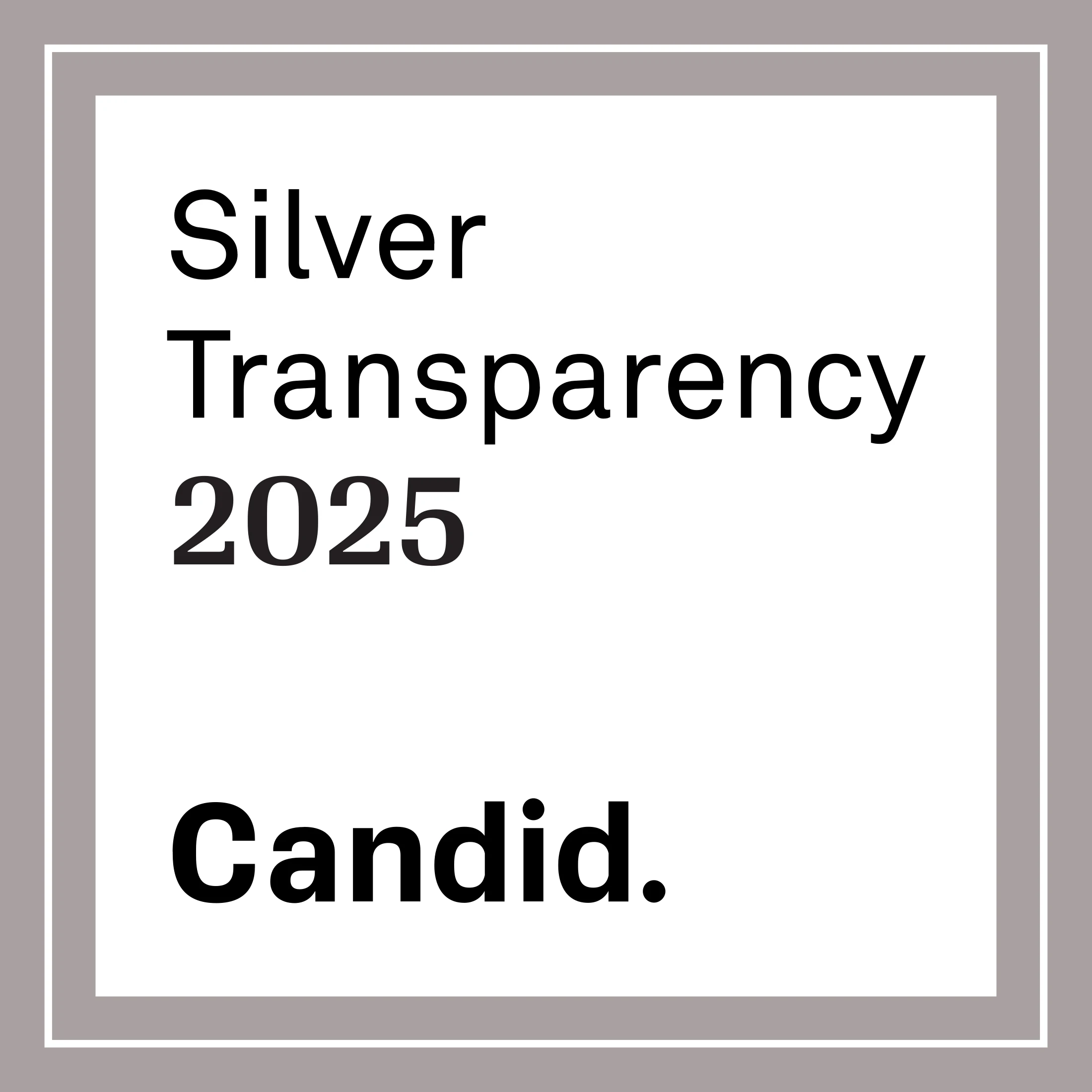 A square seal with a grey border. Inside, it says 'Silver Transparency 2025' and below that, in bold, the word 'Candid.'