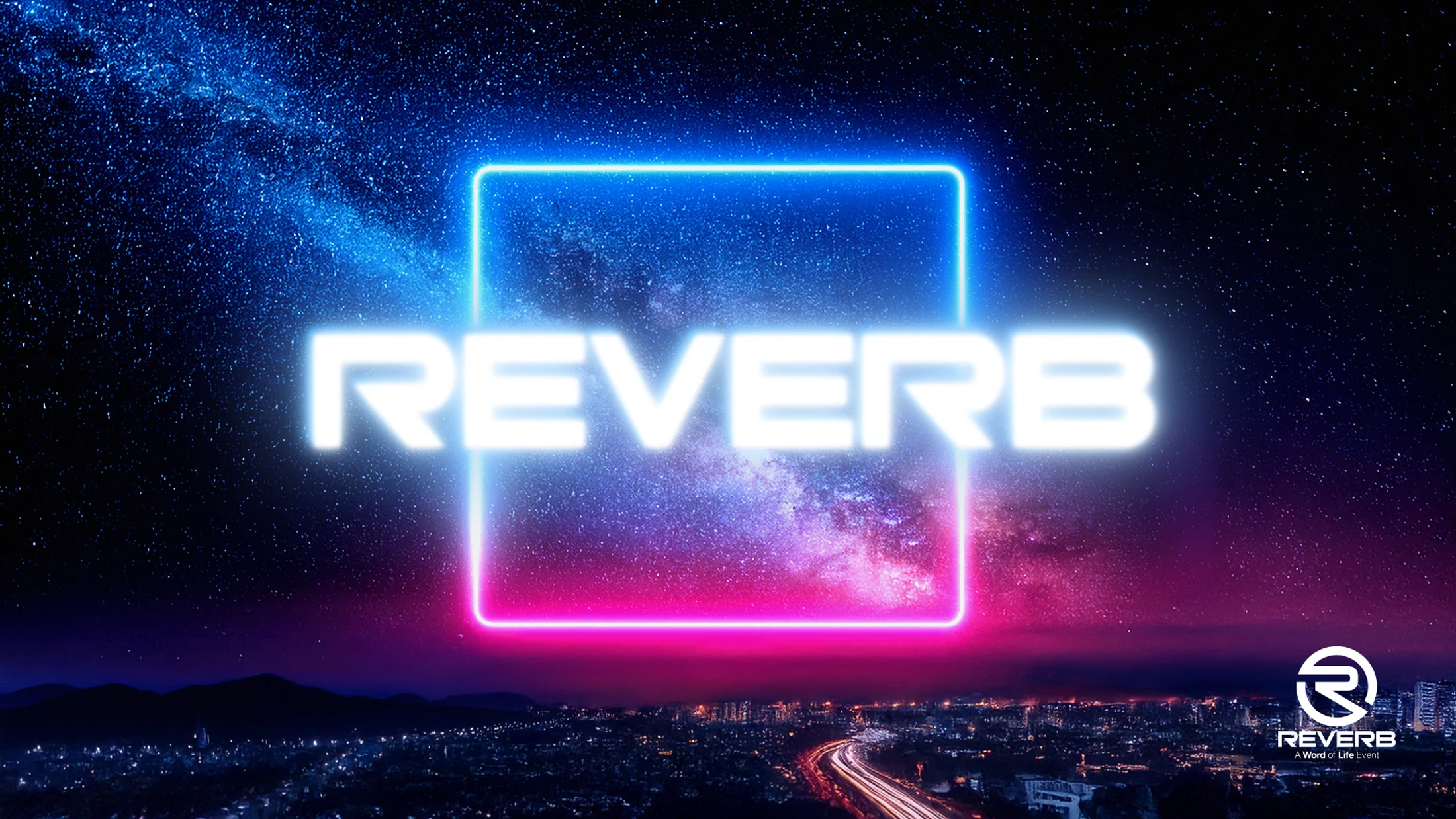 The word REVERB in glowing white letters inside a neon blue and pink square, set against a starry galaxy background above an illuminated city at night.