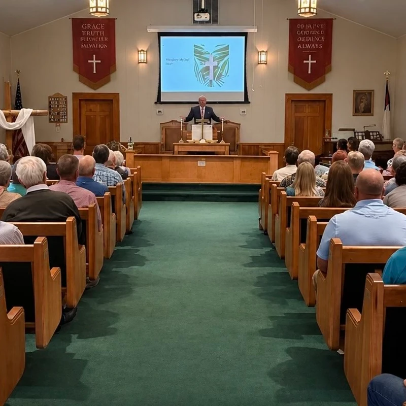 A view from the back of a church showing a full congregation seated in pews, listening to a pastor who is speaking from a pulpit at the front.