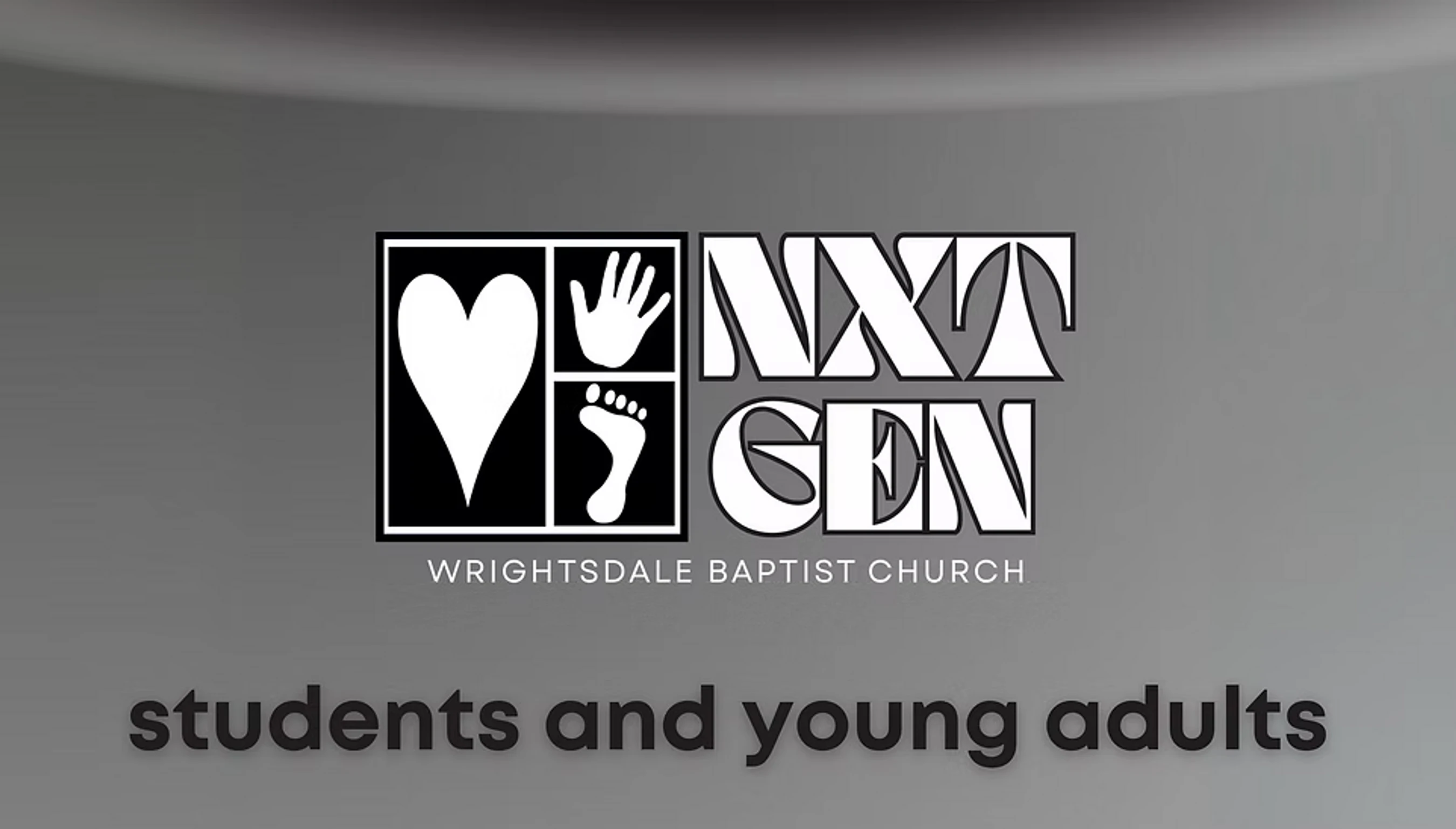 The logo for NXT GEN, the students and young adults ministry of Wrightsdale Baptist Church, shown on a grey gradient background.