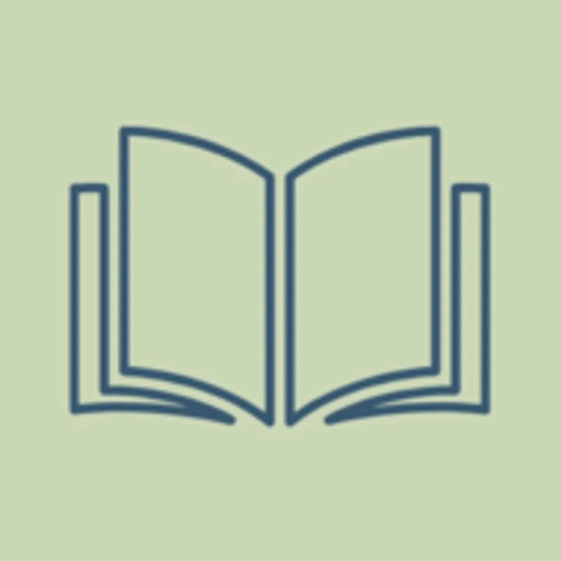 A simple dark blue line drawing of an open book, with pages fanned out, set against a muted green background.