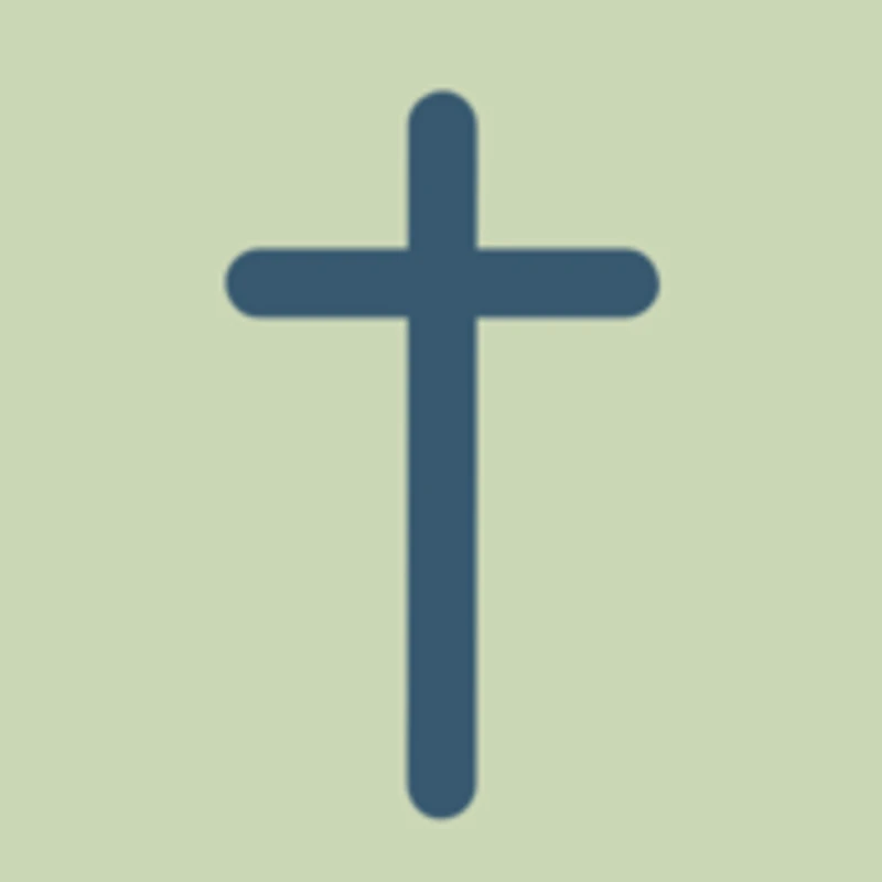A simple, dark blue Christian cross with rounded ends, centered on a muted, pale green background.