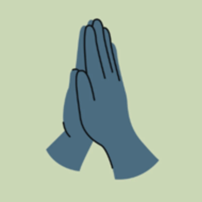 A simple, stylized illustration of two blue hands with black outlines pressed together in a prayer or greeting gesture against a light green background.