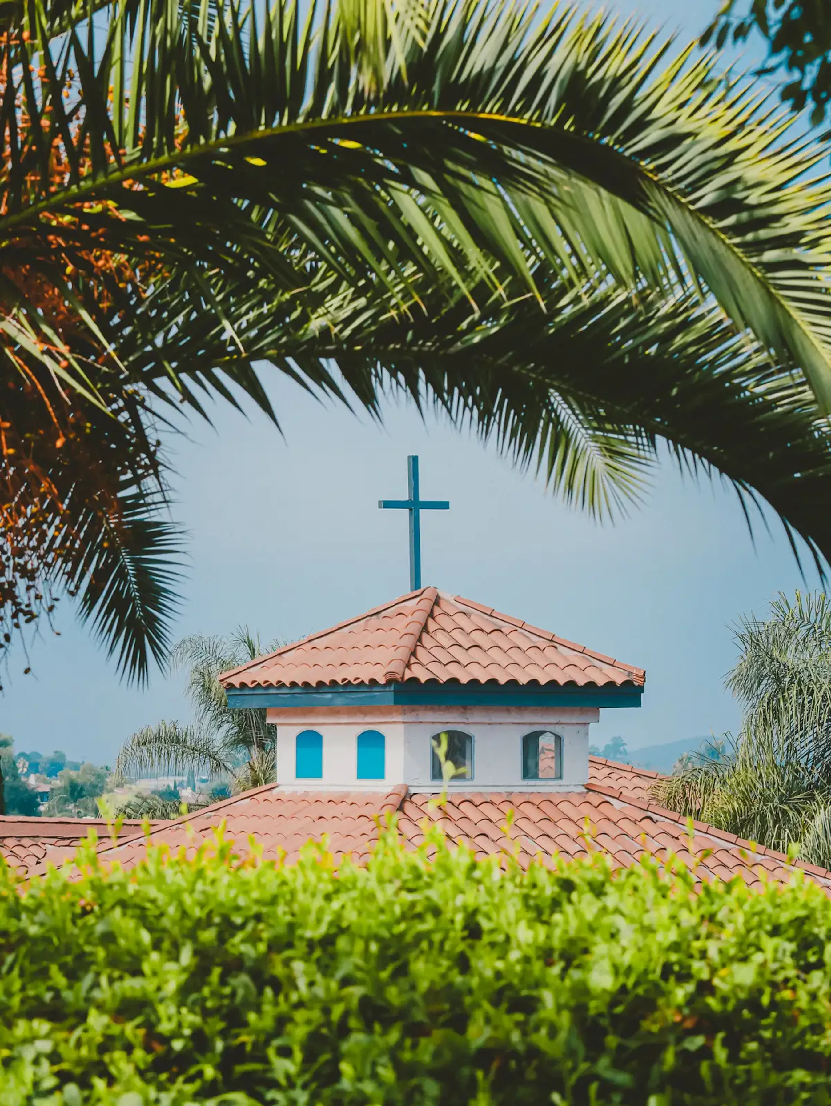 A church steeple with a terracotta tile roof and a cross is framed by a large palm frond from above and green bushes from below against a clear sky.