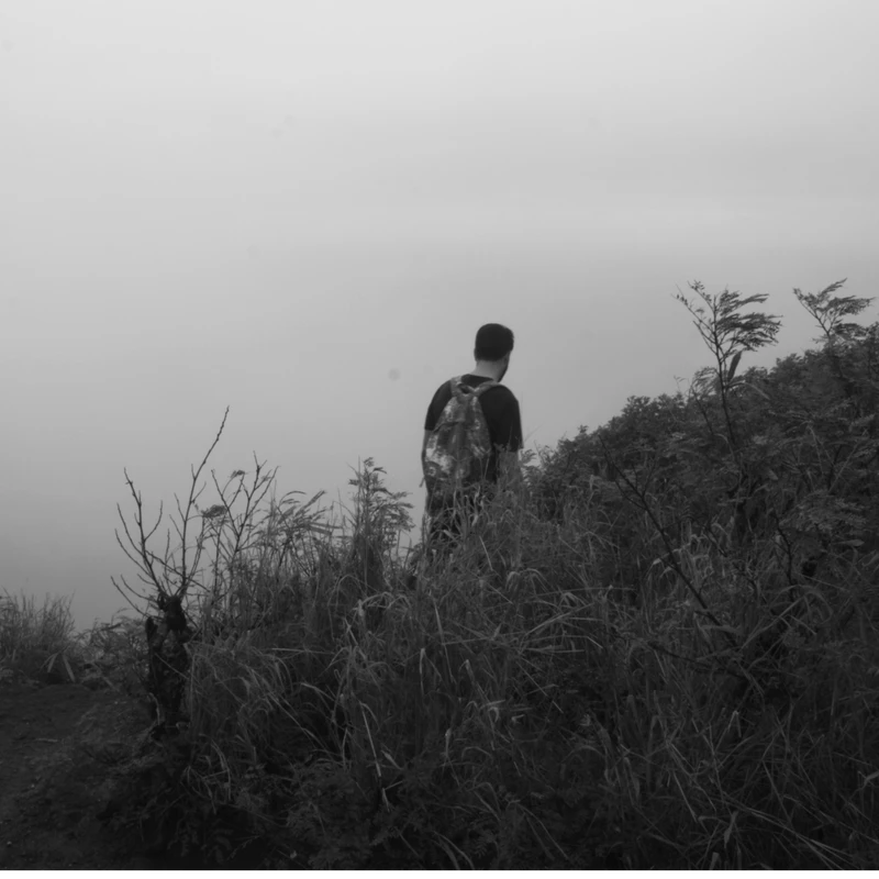 A black and white photo of a man with a backpack seen from behind, standing on a grassy hill surrounded by thick fog.