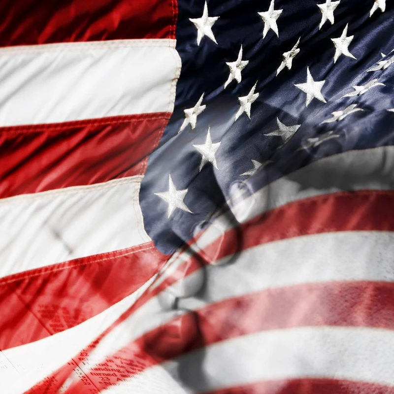 A close-up of the American flag with a semi-transparent overlay of a clenched fist and text from a document, creating a powerful composite image.