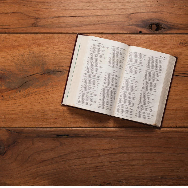 An overhead shot of an open Bible resting on the right side of a rustic wooden table. The pages are open to the book of Psalms.