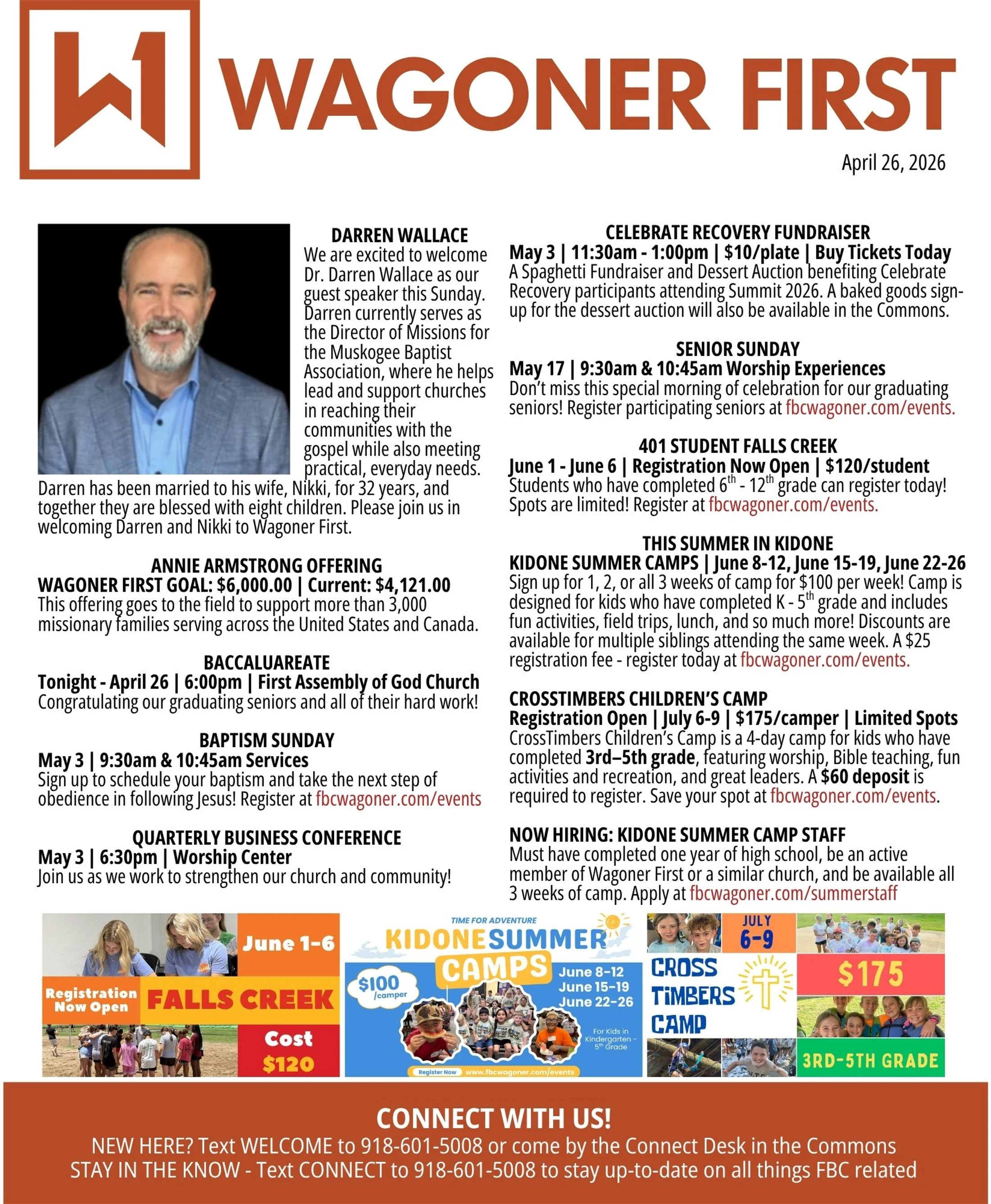 A church bulletin for Wagoner First dated April 26, 2026. It announces a guest speaker, fundraisers, summer camps for kids, and other community events.