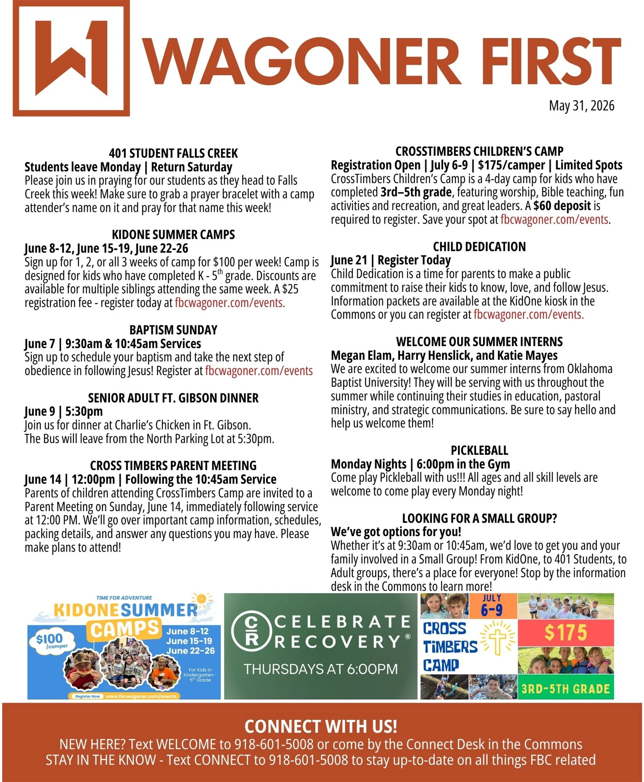 A newsletter from Wagoner First dated May 31, 2026, with announcements for summer camps, baptism, pickleball nights, and other community events.