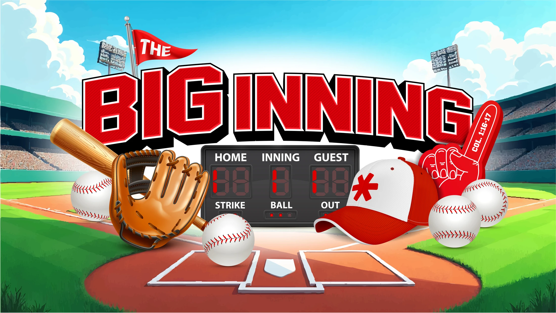 An illustration of a baseball field with baseballs, a bat, and a glove. The words 'The Big Inning' are in the center in front of a scoreboard.