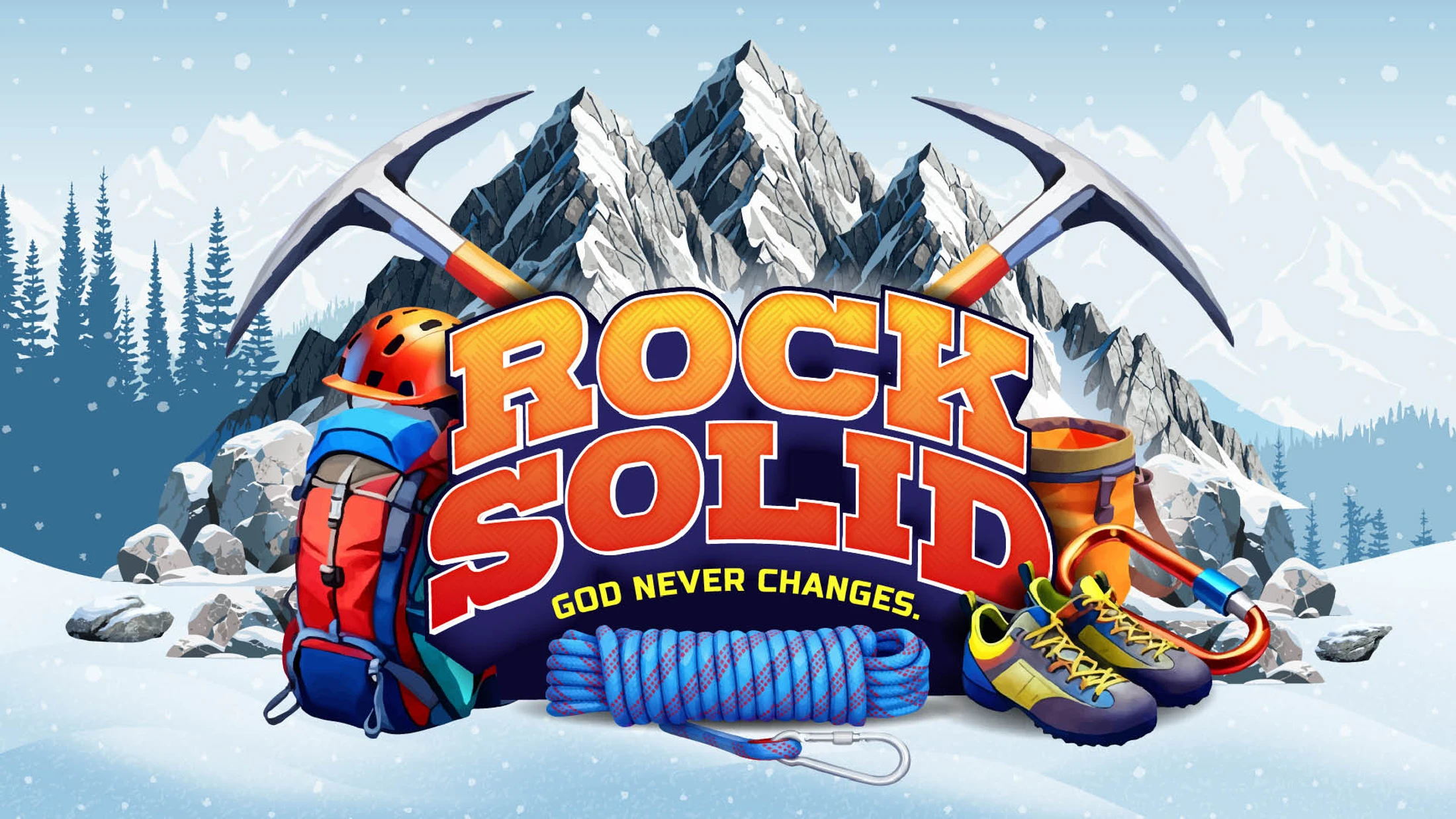 A graphic with the text 'Rock Solid' over a snowy mountain scene, surrounded by climbing gear like ice axes, a backpack, helmet, and rope.