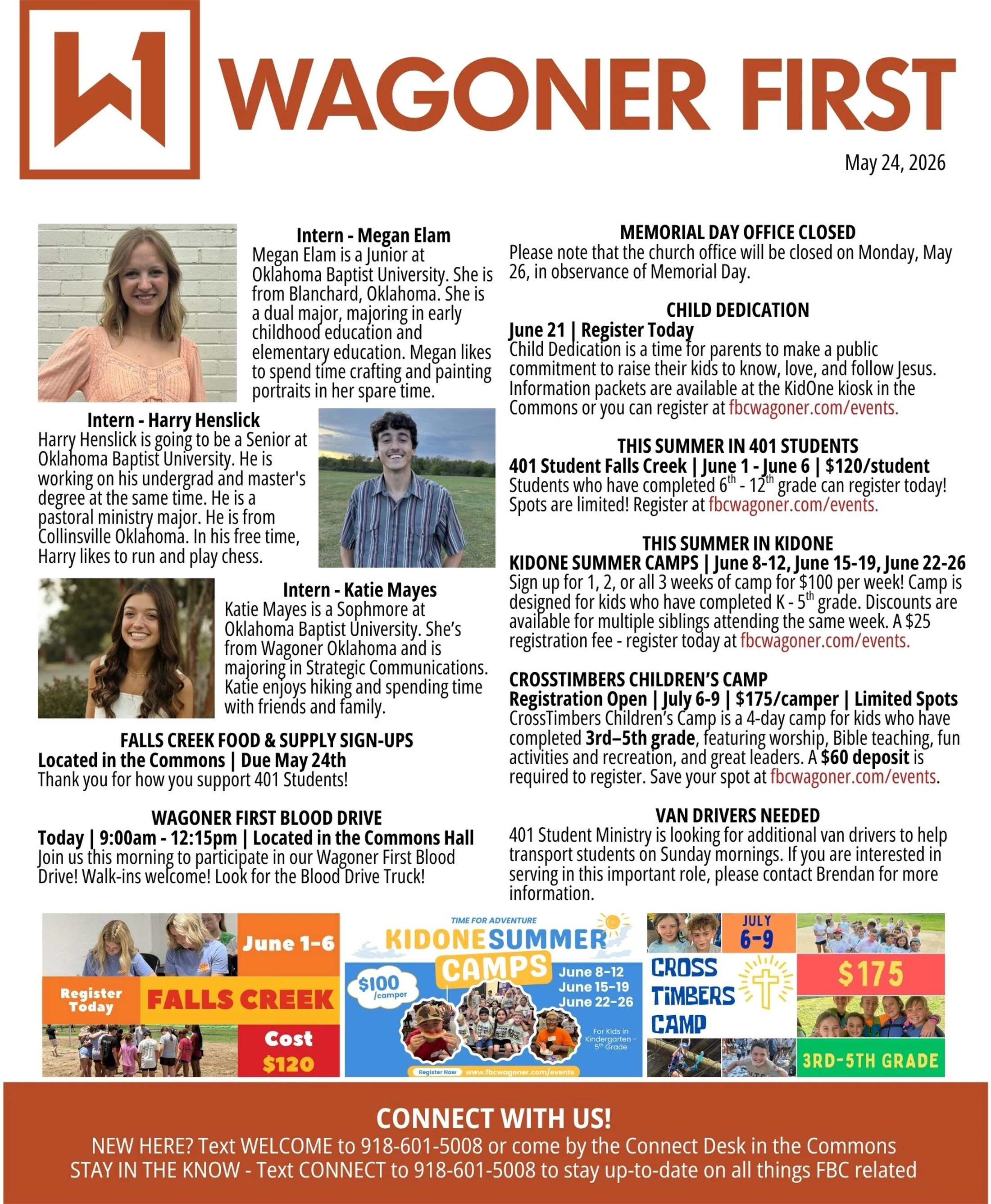 A church bulletin for Wagoner First, dated May 24, 2026. It features intern bios and announcements for summer camps, a blood drive, and child dedication.