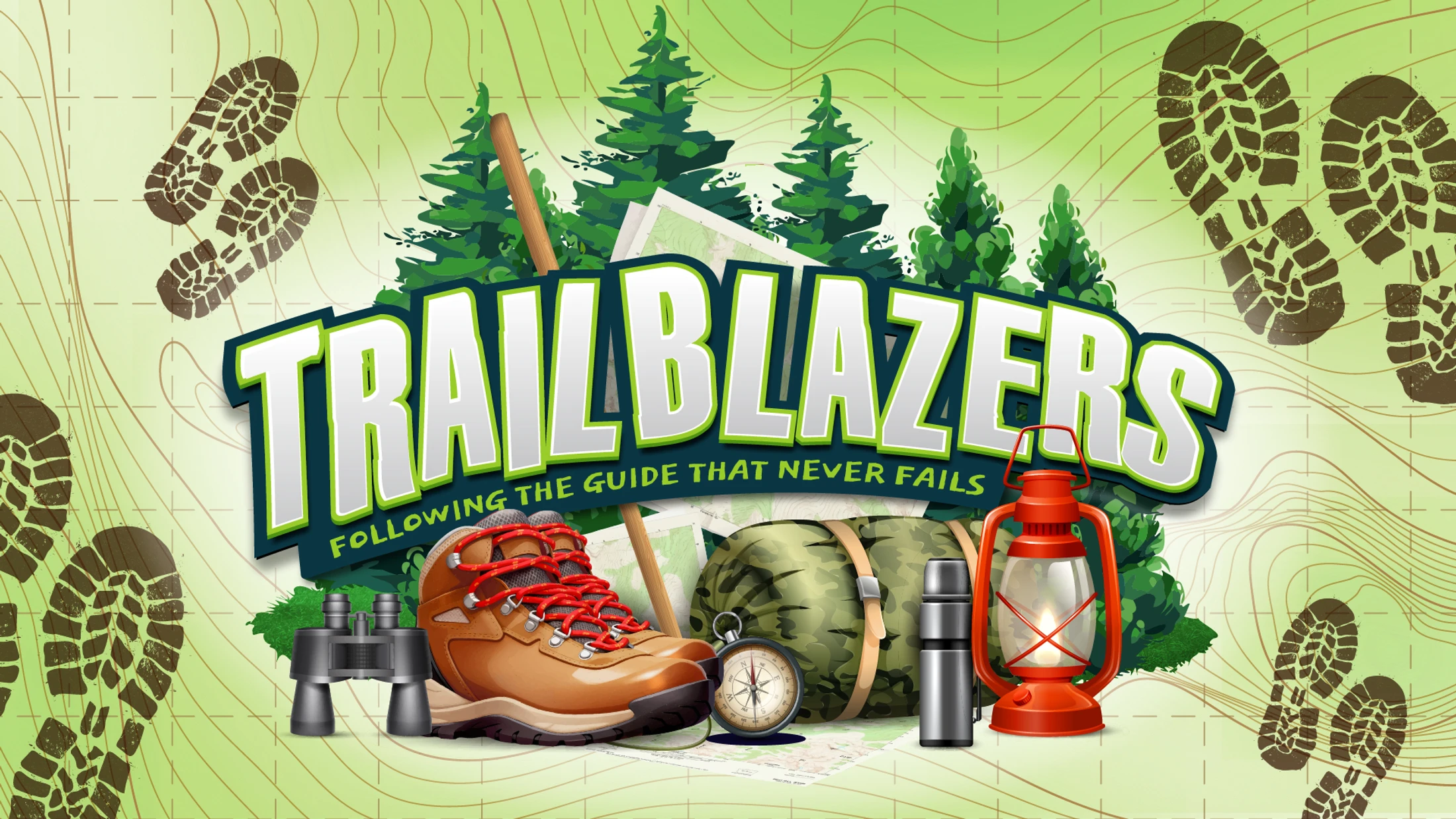 An illustration for 'Trailblazers' featuring hiking equipment such as boots, a compass, and a lantern on a map with a forest background.