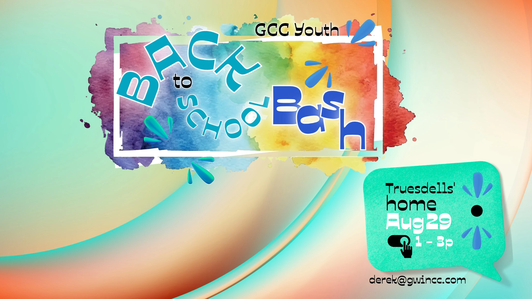 A colorful graphic announcing the GCC Youth Back to School Bash. Event details including date, time, and location are in a teal speech bubble.