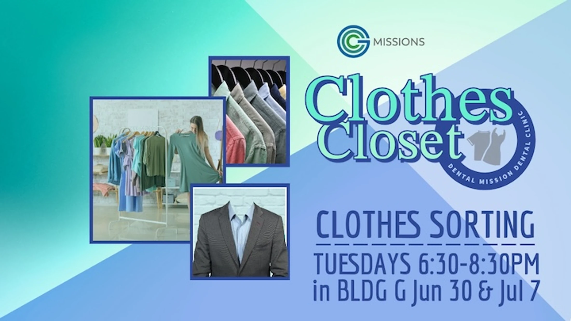 A promotional graphic for a Clothes Closet sorting event, with photos of clothing and event details: Tuesdays 6:30-8:30pm on June 30 & July 7.