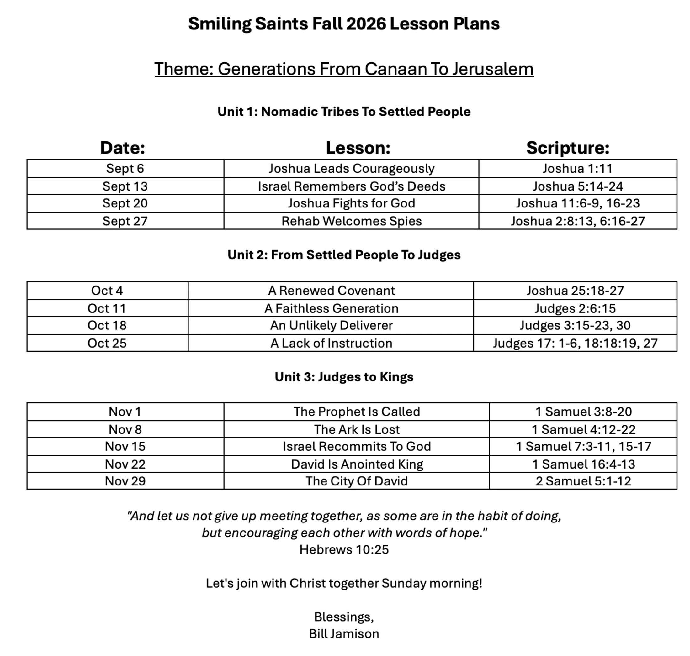 A lesson plan document for the "Smiling Saints" Fall 2026 Bible study. It lists dates, lesson titles, and scripture passages from September to November.