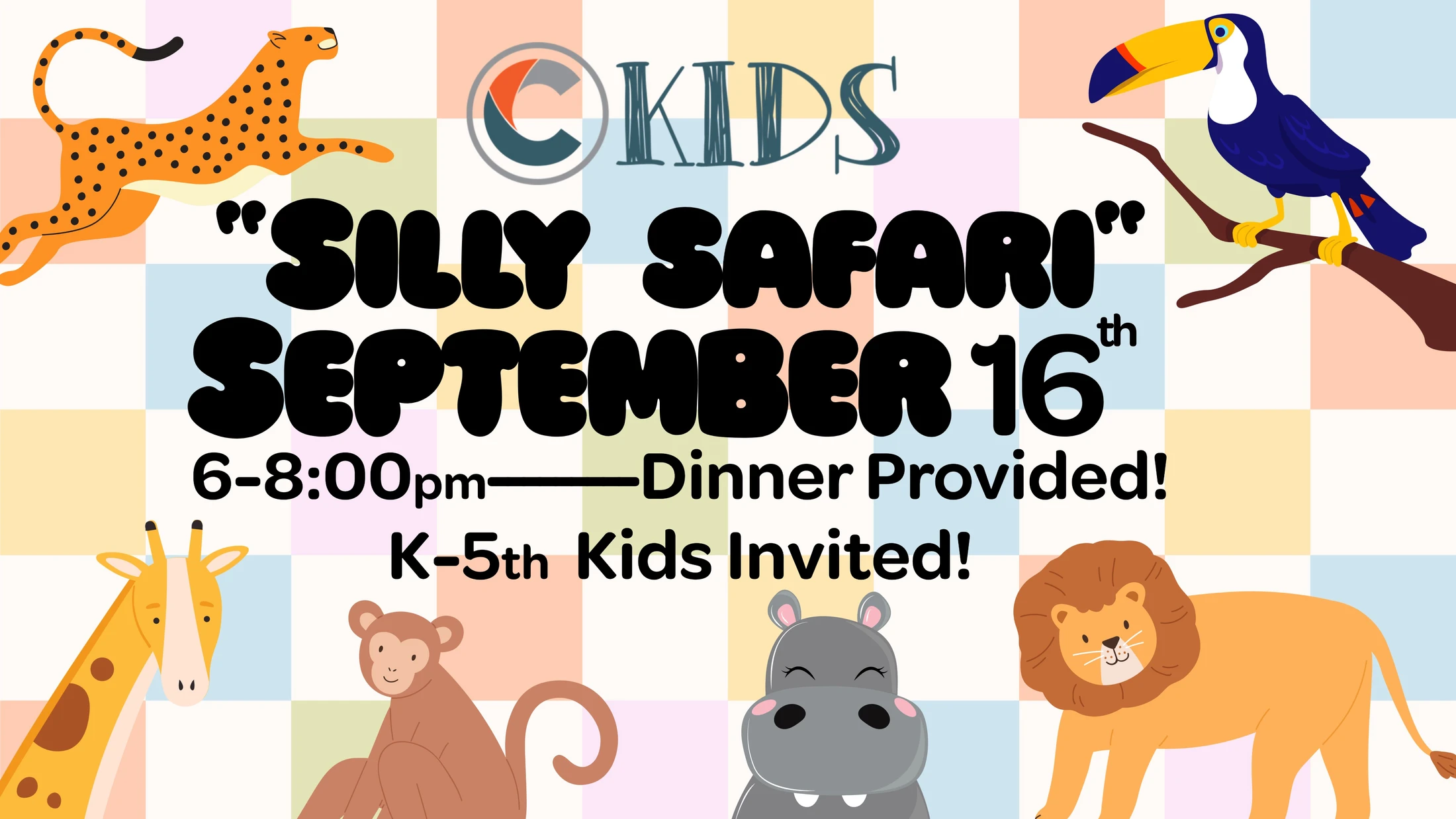 A colorful event poster for 'Silly Safari' on September 16th from 6-8 pm. It features cartoon safari animals like a lion, cheetah, and toucan.