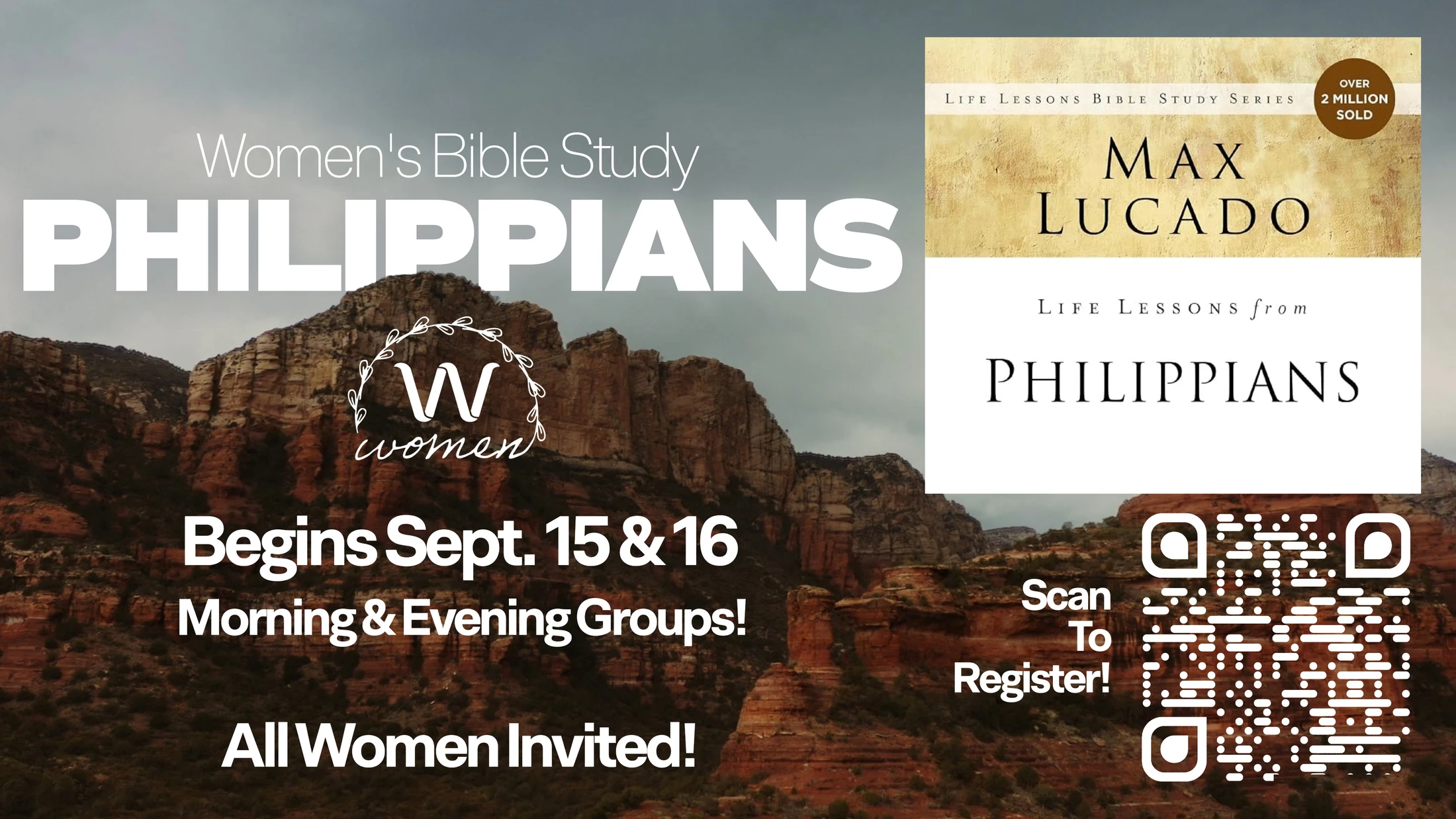 Promotional graphic for a Women's Bible Study on Philippians. Features a Max Lucado book, event dates Sept. 15 & 16, and a QR code to register.