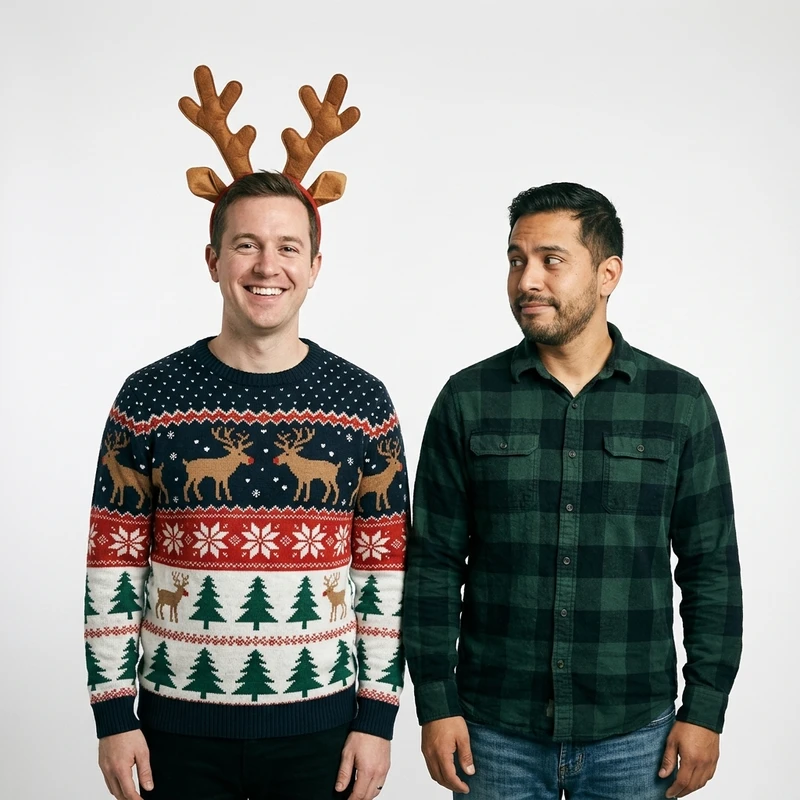 A man in a festive Christmas sweater and reindeer antlers smiles, while his friend in a plaid shirt looks on with an amused expression.