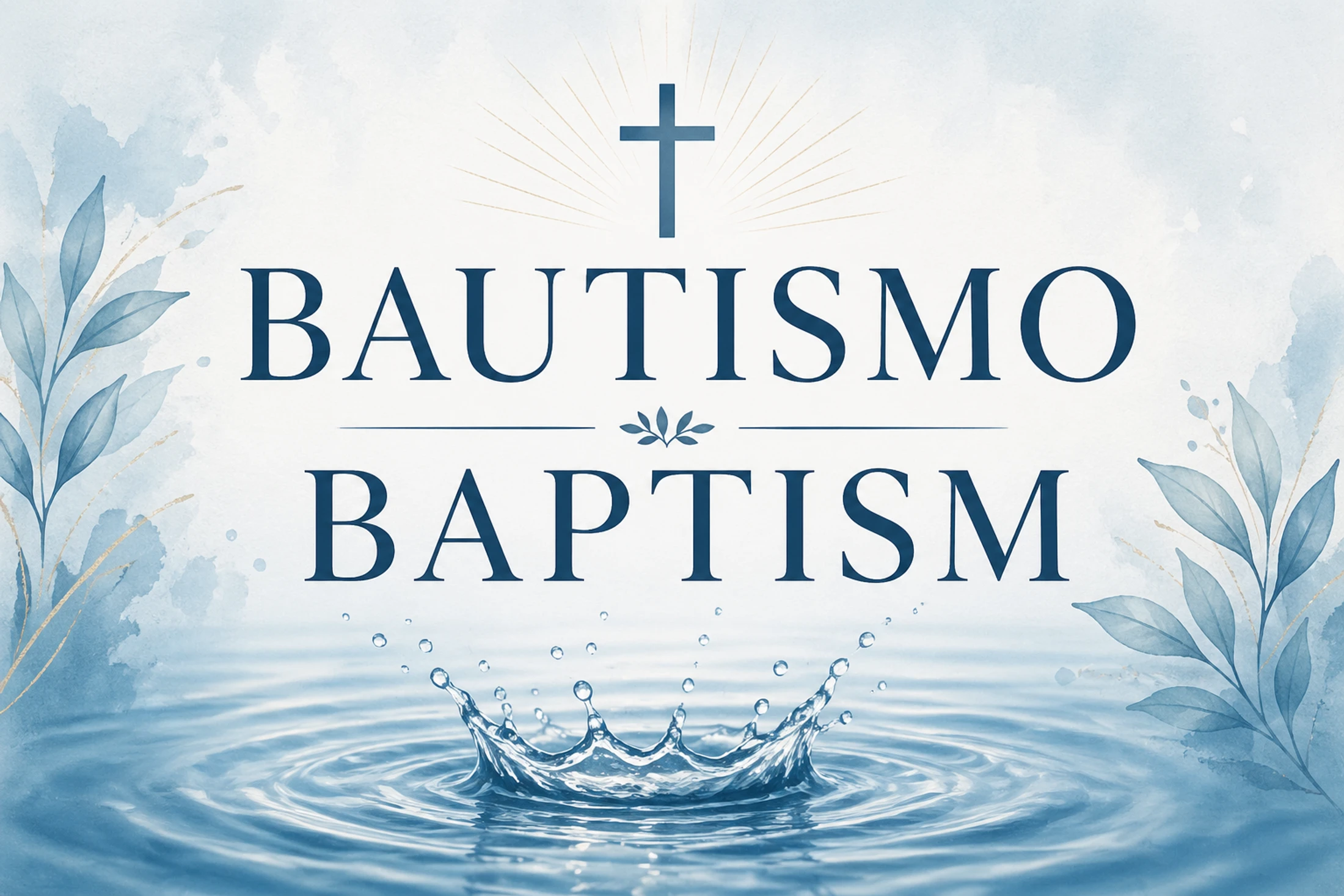 A baptism design with the words 'Bautismo' and 'Baptism' in blue, with a cross above and a water splash below, framed by watercolor leaves.