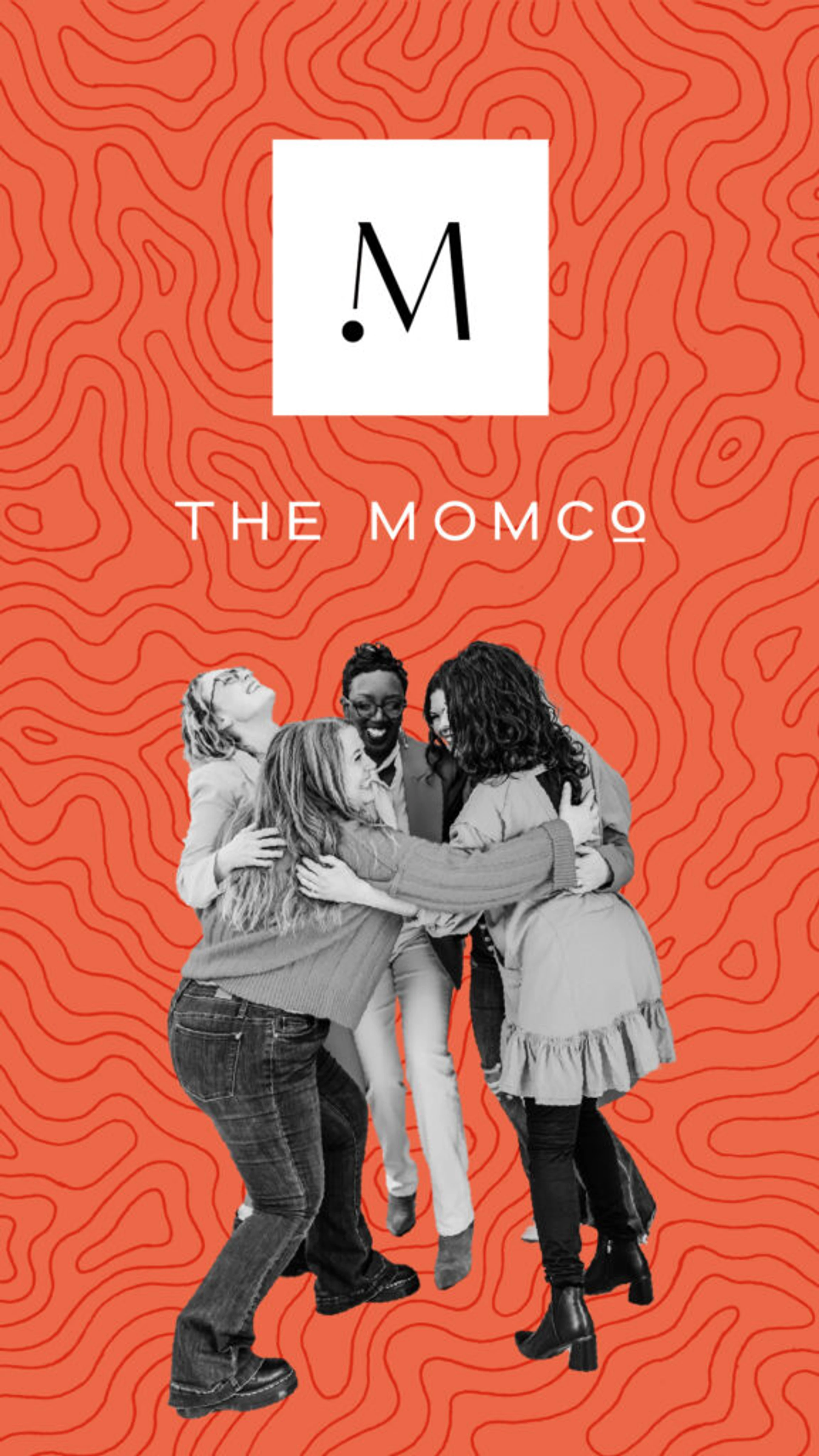 A black and white photo of a diverse group of friends hugging, set against a bright orange background with the logo and text for 'The Momco'.