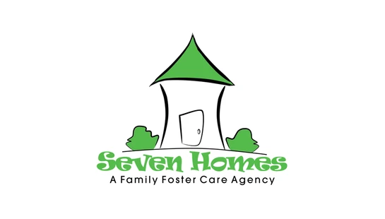 The logo for Seven Homes, a family foster care agency, featuring a whimsical drawing of a house with a pointed green roof and bushes on a white background.