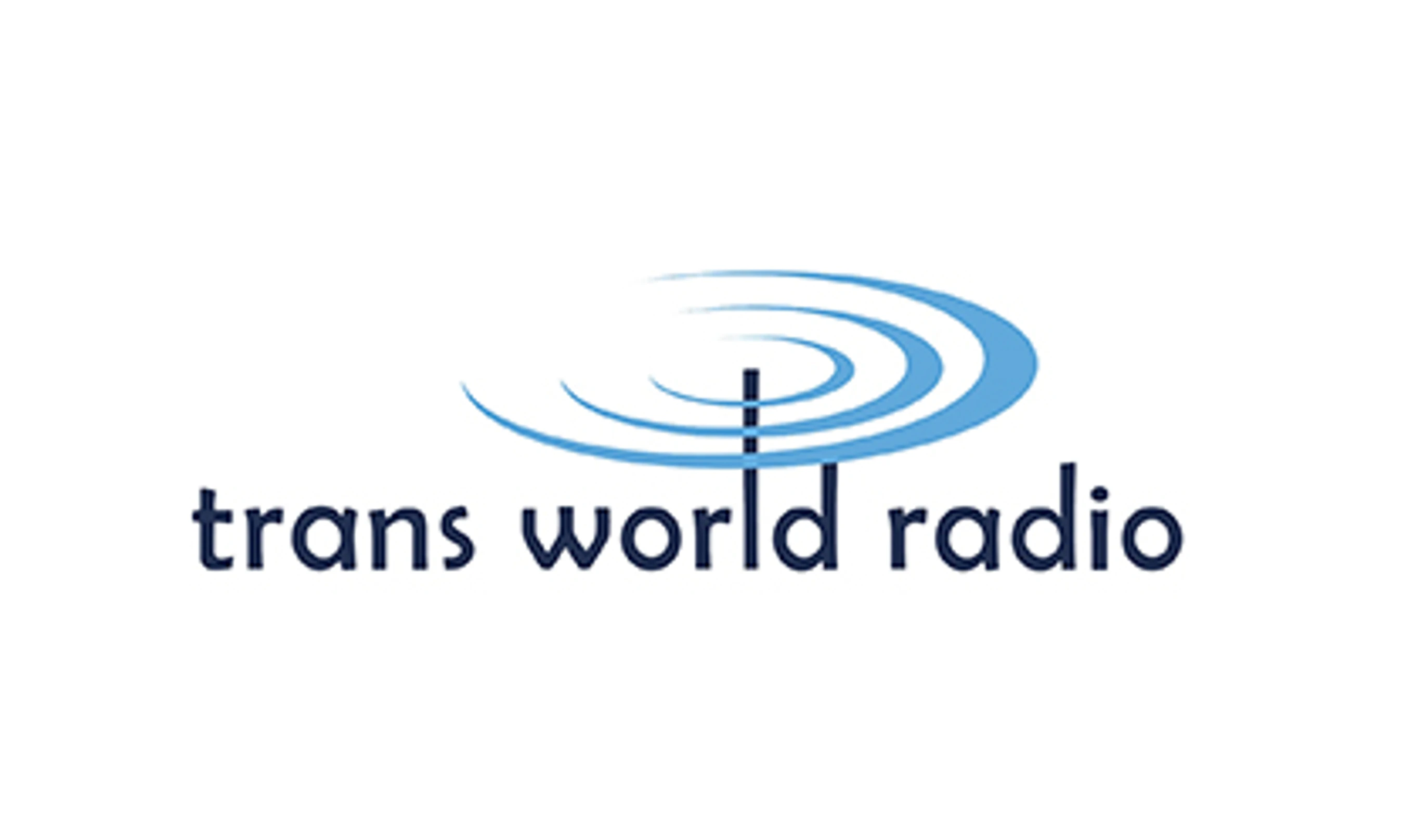 The Trans World Radio logo, featuring the name in dark blue lowercase letters below a blue graphic of an antenna broadcasting concentric radio waves.