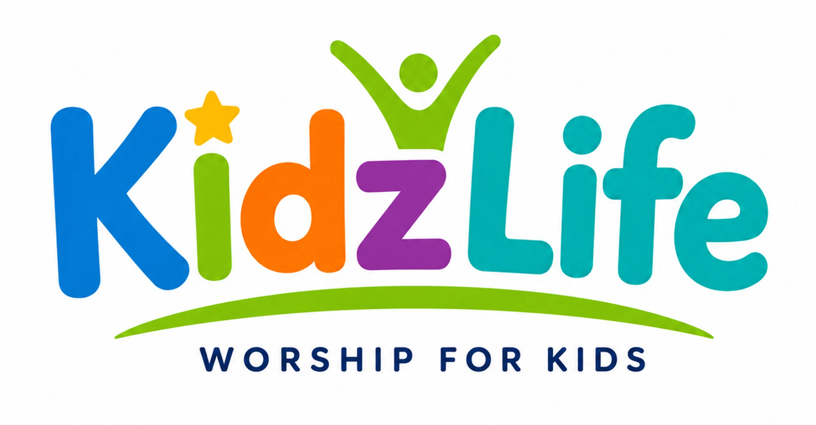 Colorful 'KidzLife' logo with a star and a happy figure. Below it reads 'Worship for Kids'.