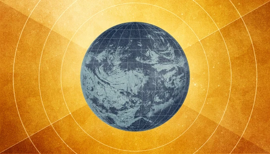A stylized illustration of a blue, grid-lined planet Earth at the center of a textured, golden-orange background with radiating lines and concentric circles.