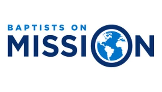 The Baptists on Mission logo in blue text. The 'O' in 'MISSION' is replaced by a stylized blue globe showing the Americas, Europe, and Africa.