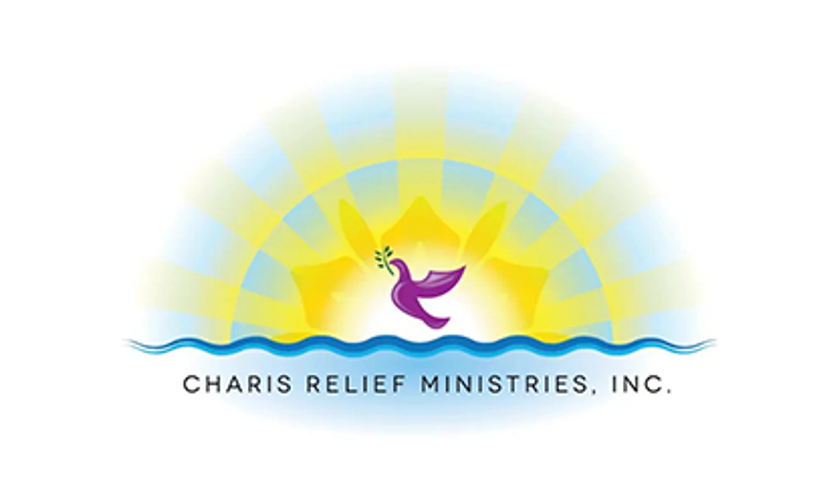 The logo for Charis Relief Ministries, Inc., showing a purple dove with an olive branch flying over blue water in front of a bright yellow rising sun.