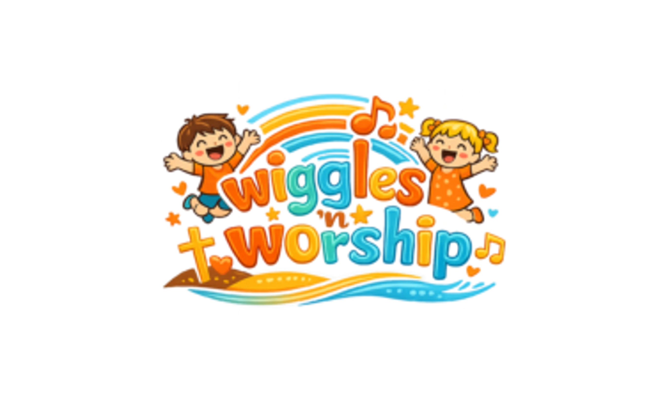 A colorful logo for "Wiggles 'n' Worship" featuring two happy cartoon children, musical notes, a rainbow, and a cross on a small hill.