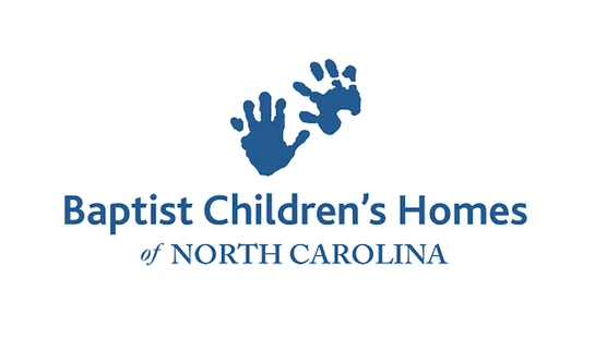 The logo for Baptist Children's Homes of North Carolina, featuring two blue handprints above the organization's name on a white background.
